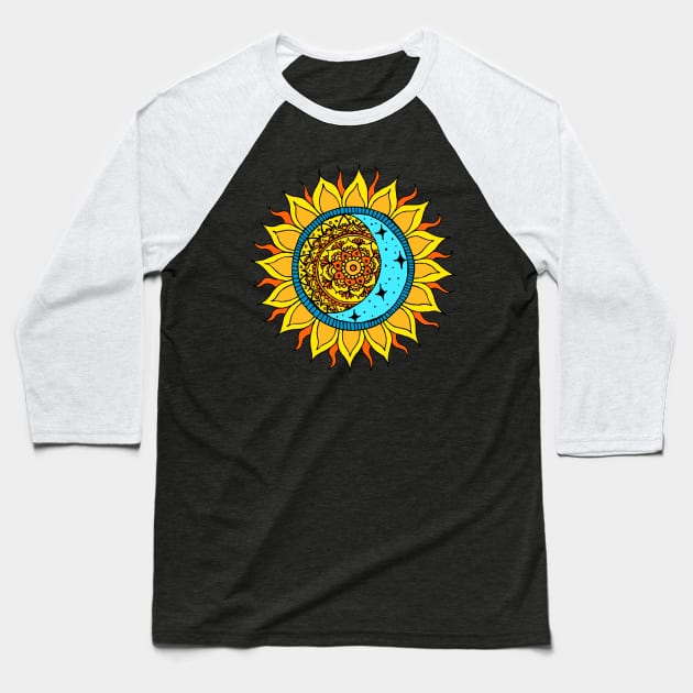 Sun and Moon Mandala Baseball T-Shirt by julieerindesigns